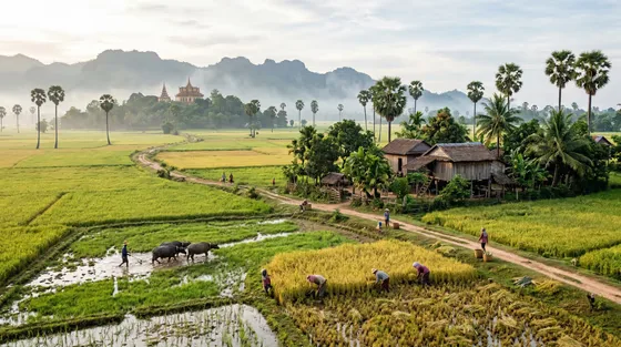 Traditional Asian Rice Farming Village Landscape