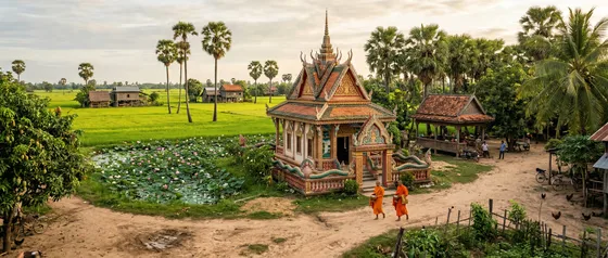 Monks Walking Past Temple Rural Fields