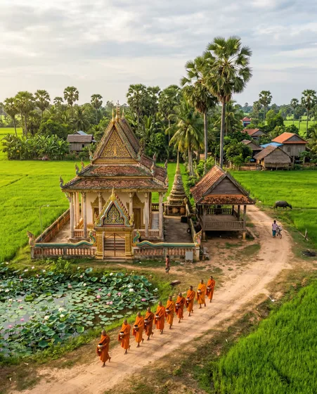 Monks' Morning Procession Through Verdant Landscape