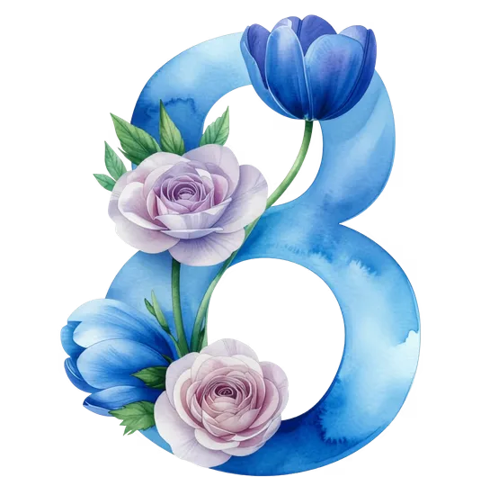 Elegant Blue Watercolor Number Eight Floral