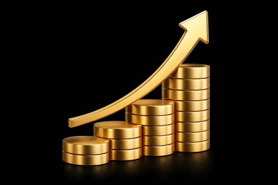 Golden Stacks Arrow Upward Financial Growth