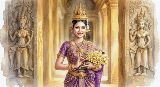 Regal Cambodian Woman Traditional Garb Temple