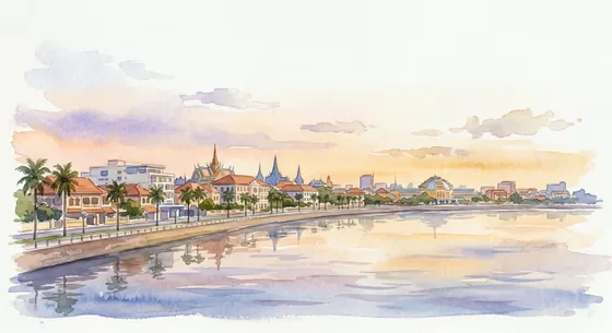 Cambodian Cityscape River View Watercolor Art