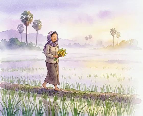 Cambodian Woman Walking Peaceful Asia Landscape