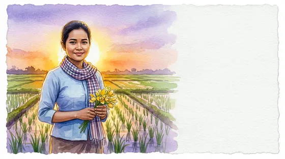 Beautiful Cambodian Woman Rice Field Watercolor