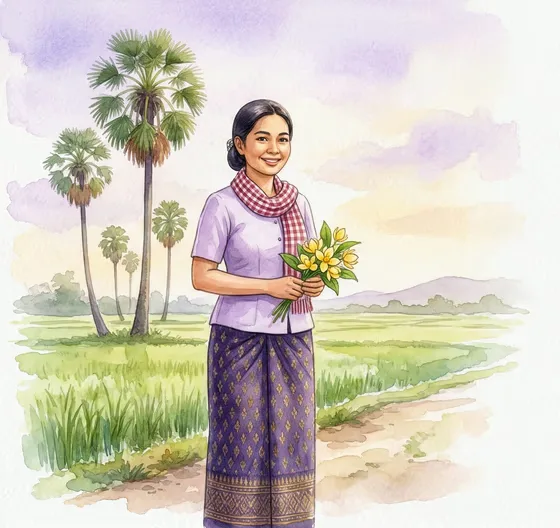 Smiling Cambodian Woman Traditional Watercolor Illustration