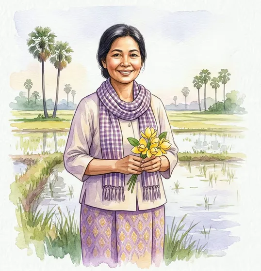 Smiling Cambodian Woman Rural Asia Landscape