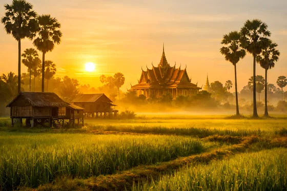 Cambodian countryside festival at sunset with Buddhist temple and sugar palm trees