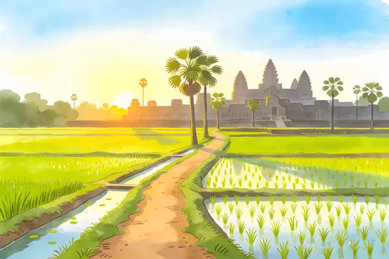Traditional Cambodian rural village with rice fields and palm trees landscape illustration