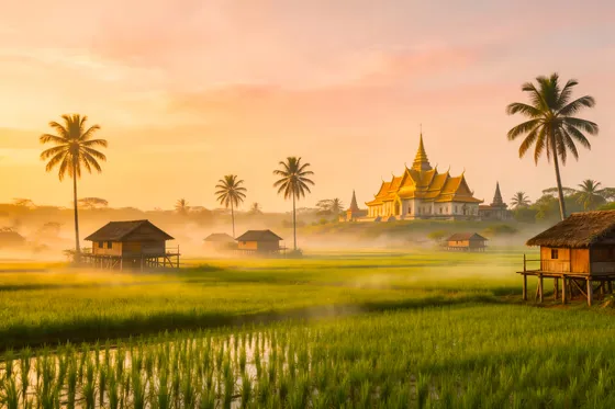 Sugar palm trees and traditional Khmer buddhist temple in Cambodian countryside