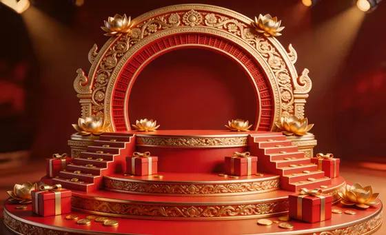 Red Stage With Gold Decorations And A Red Stage