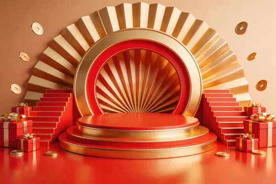 Red And Gold Stage With Presents On It