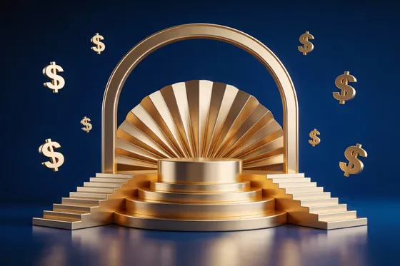 Golden Trophy With Dollar Signs And A Blue Background