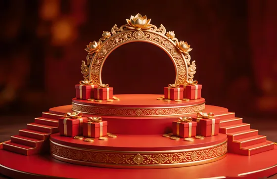Red Cake With Gold Decorations On Top