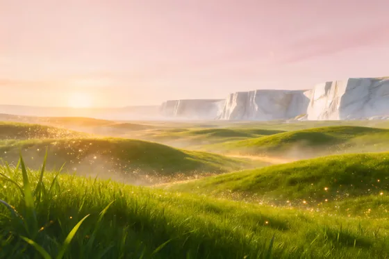 Green Field With Grass And A Pink Sky