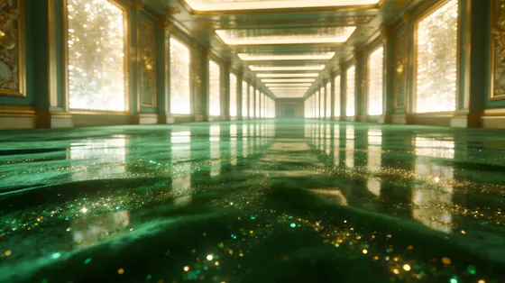 Hallway With Green Floor And Gold Glitters