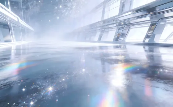 Futuristic City With Pool And A Rainbow Colored Sky