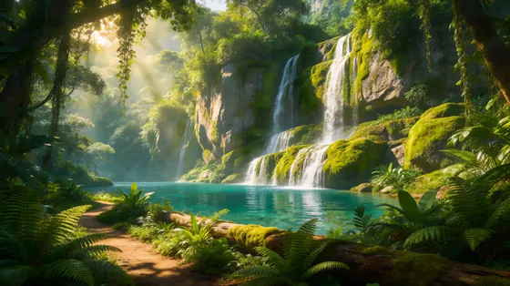 Waterfall In The Jungle With Waterfall In The Background