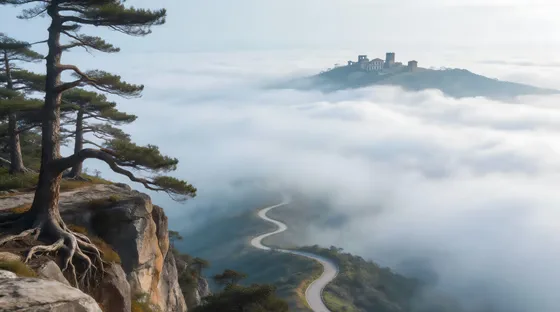 Tree On Top Of A Mountain With Castle In The Background
