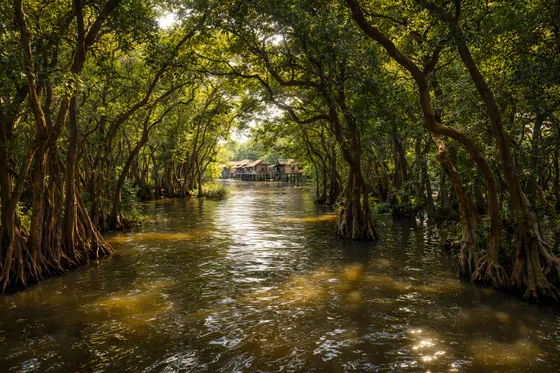 River With Trees And Houses In The Distance