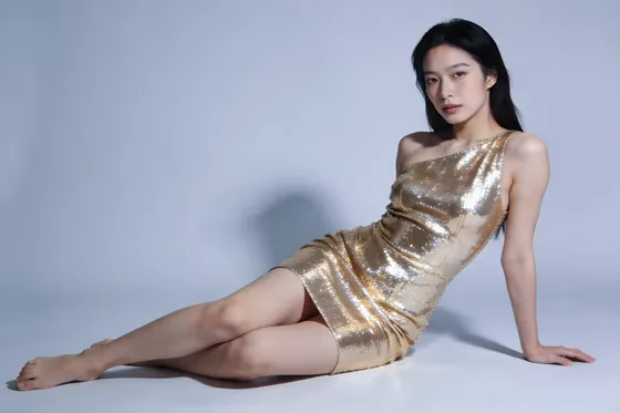 Woman In A Gold Dress Posing For A Photo