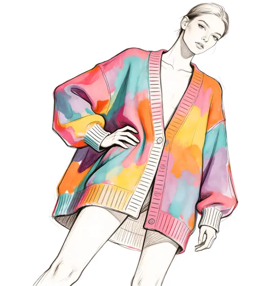 Woman In A Colorful Cardigan Isolated On Transparent Background