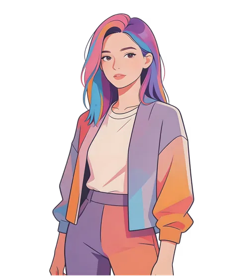 Girl With Colorful Hair And A White Shirt Isolated On Transparent Back