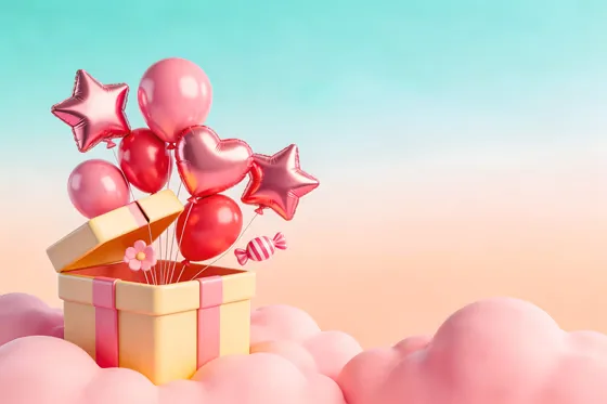 Box With Balloons And A Gift Box On A Cloud