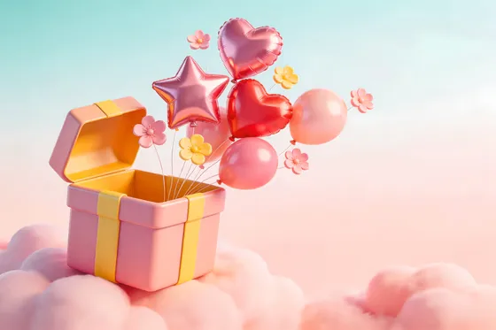 Gift Box With Balloons Floating In The Sky