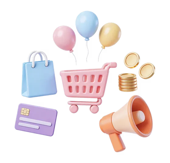 3D Online Shopping and E-commerce Icons Collection with Cart, Card and Coins