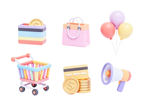 Cute 3D E-commerce Icons Set with Shopping Cart, Coins and Marketing Megaphone