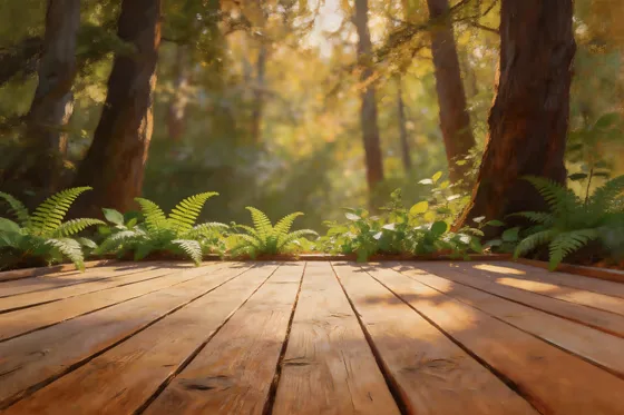 Wooden Table With Ferns And Ferns In The Background