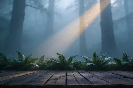 Wooden Table With Ferns And Sunbeams In The Background