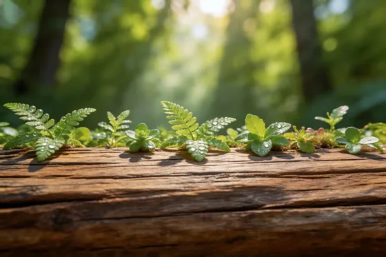 Wooden Surface With Bunch Of Green Leaves