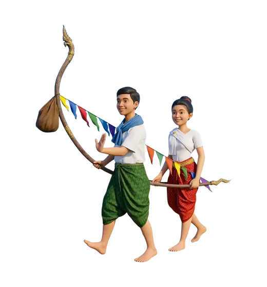 Khmer Traditional Couple Walking With Festival Flag Staff 3D Character Isolated PNG
