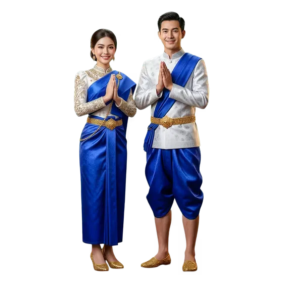 Cambodian Traditional Couple Greeting Sampeah in Blue Khmer Costume PNG
