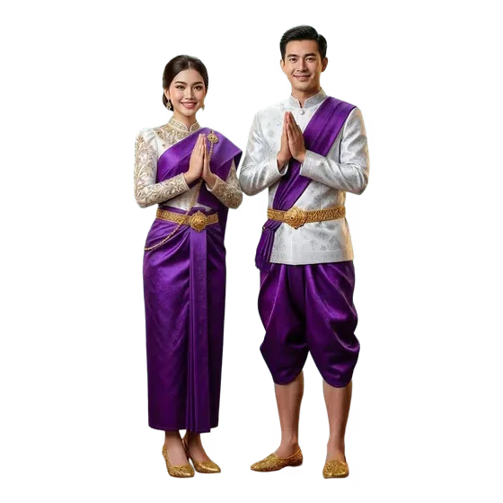 Khmer Traditional Couple Greeting Sampeah in Purple Cambodian Costume PNG