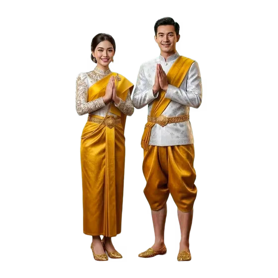 Cambodian Traditional Couple Greeting Sampeah in Golden Khmer Costume PNG