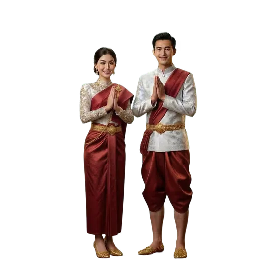 Khmer Traditional Couple Greeting Sampeah in Red Cambodian Costume PNG