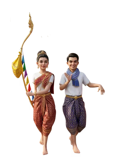 Cambodian Traditional Dancers Performing Khmer Festival Dance with Flag PNG