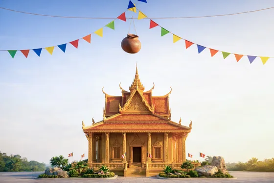 Golden Khmer Temple with Clay Pot Game Decoration During Khmer New Year Festival