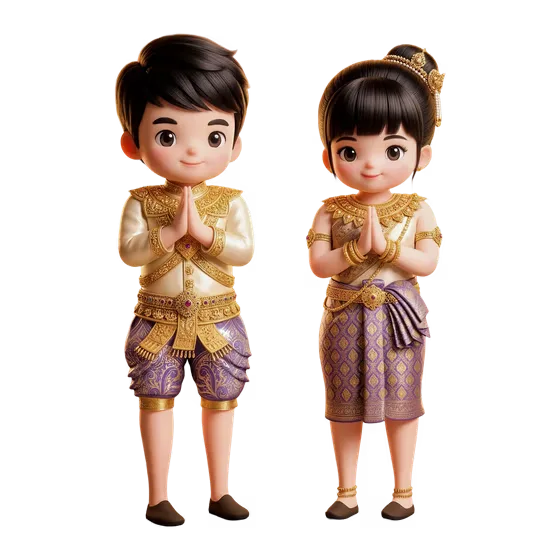 Khmer New Year Greeting Cute Cambodian Children in Traditional Costume Sampeah Gesture 3D Character
