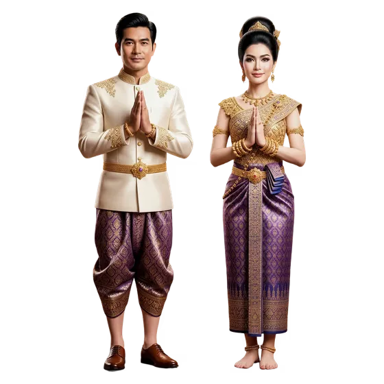 Cambodian Couple in Traditional Khmer Costume Performing Sampeah Greeting Isolated on White