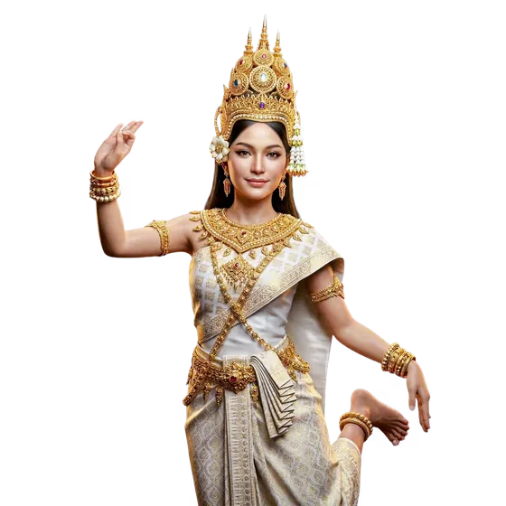 Traditional Cambodian Apsara Dancer in Golden Khmer Costume Performing Classical Dance Isolated on Black Background