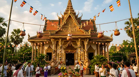 Traditional Buddhist Celebration At Ornate Cambodian Wat