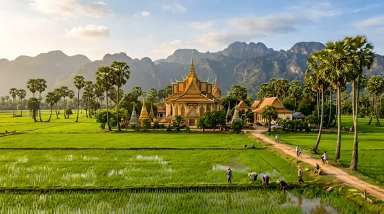 Traditional Cambodian rural landscape with temple and mountains