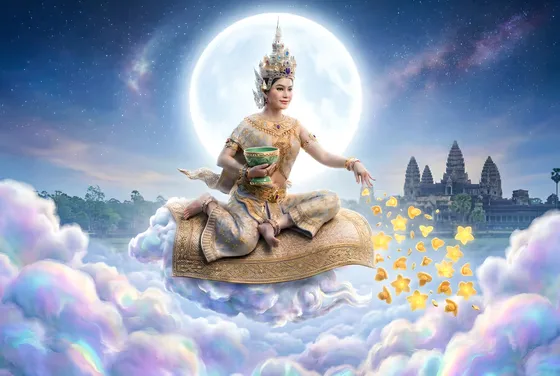 Khmer Celestial Maiden Floating Above Angkor Wat Temple