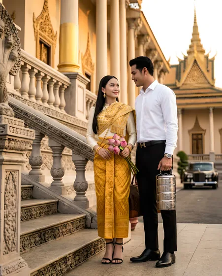 Elegant Cambodian couple posing at royal palace