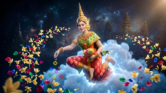 Khmer Apsara Goddess Scattering Flowers Over Angkor Wat