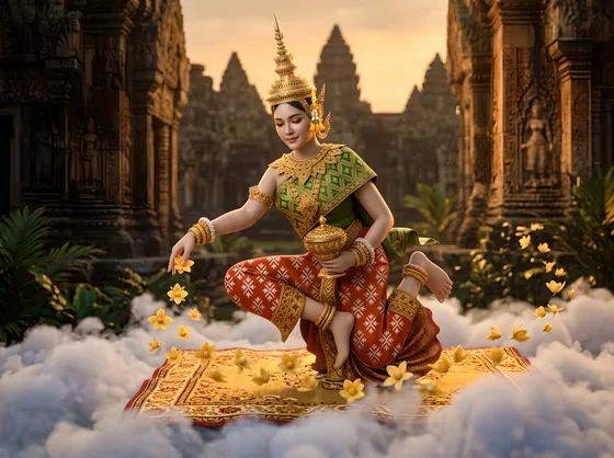 Traditional Cambodian dancer floating above Angkor Wat temple